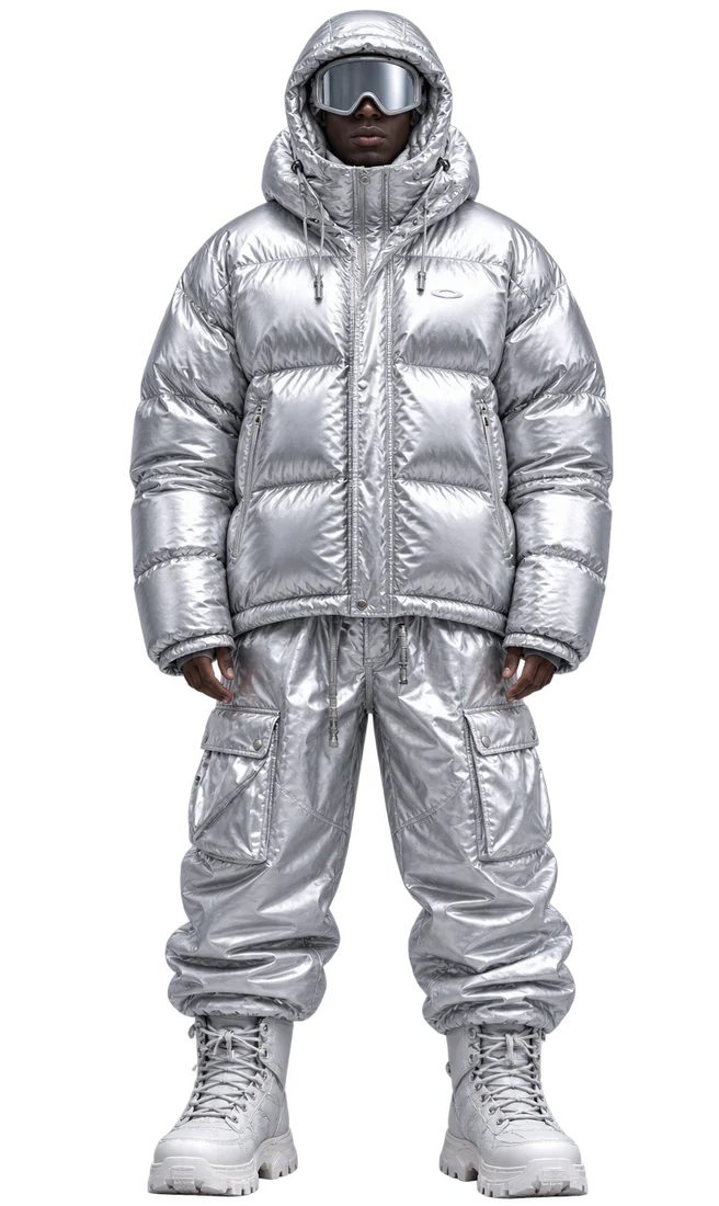 Metallic Silver puffer outfit